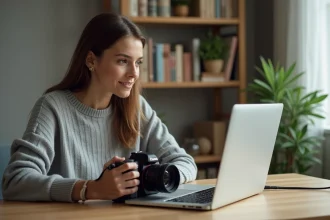 Femme connectant un appareil photo reflex à un ordinateur portable via un câble USB dans un bureau à domicile