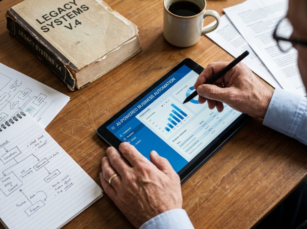 Mains d'un professionnel utilisant une tablette avec logiciel IA à côté d'un manuel et cahier de notes traditionnels sur un bureau en bois