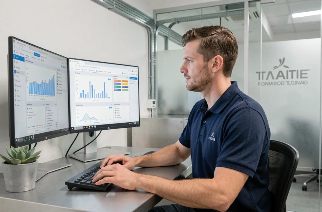 Consultant informatique de Trinexta analysant des tableaux de bord de gestion de serveurs dans un bureau minimaliste