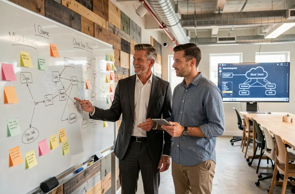 Deux consultants IT d'UNEETI discutant d'une stratégie de migration cloud devant un tableau blanc avec des diagrammes réseau