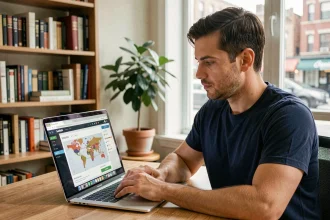 Homme consultant un outil de géolocalisation d'adresse IP sur son ordinateur portable dans un bureau à domicile