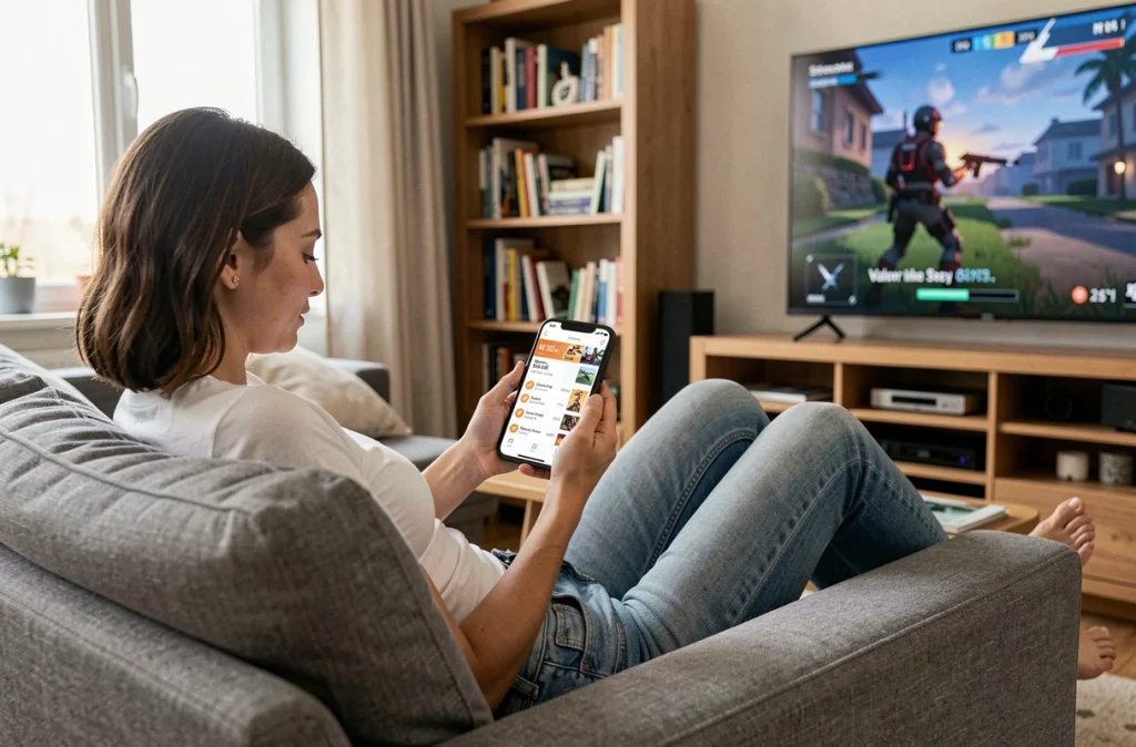 Femme consultant l'historique d'achats Valorant sur mobile depuis son canapé à la maison