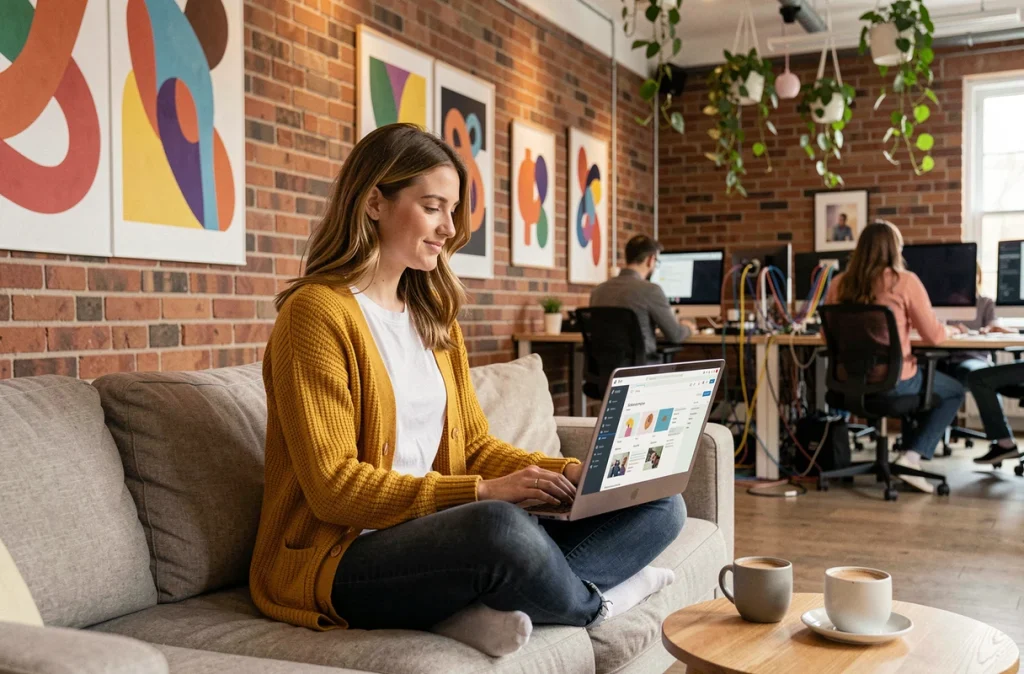 Spécialiste en solutions numériques de Weodeo travaillant sur une maquette de site web dans un studio créatif ouvert