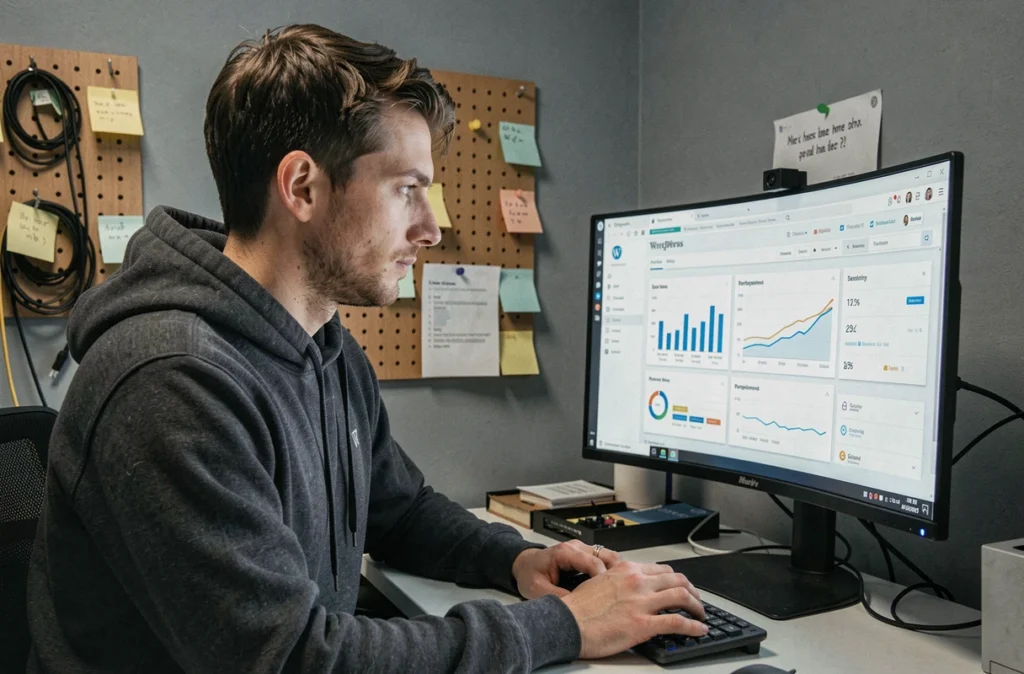 Développeur de Youdemus analysant les performances d'un site WordPress sur un grand écran